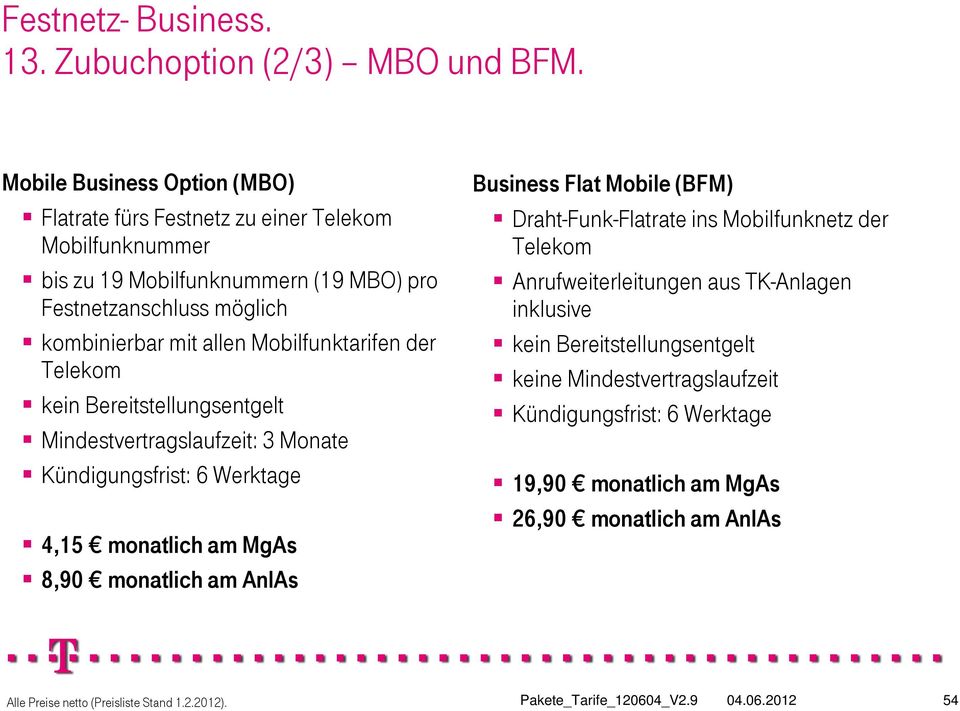 Mobilfunktarifen der Telekom kein Bereitstellungsentgelt Mindestvertragslaufzeit: 3 Monate Kündigungsfrist: 6 Werktage 4,5 monatlich am MgAs 8,90 monatlich am AnlAs Business Flat