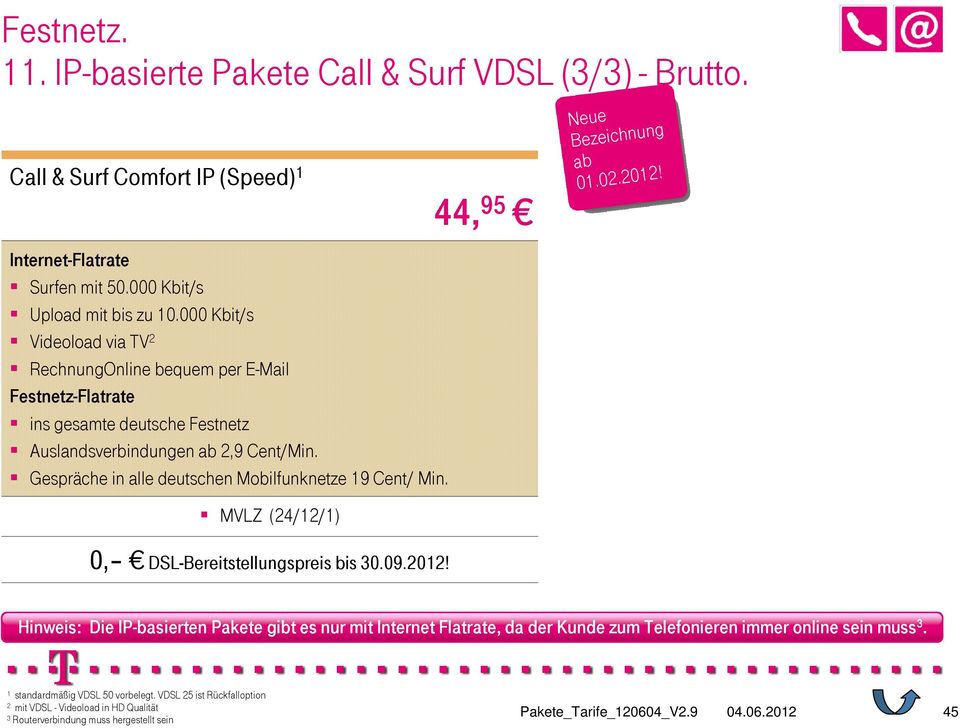 Gespräche in alle deutschen Mobilfunknetze 9 Cent/ Min. MVLZ (24/2/) 0, DSL-Bereitstellungspreis bis 30.09.202!