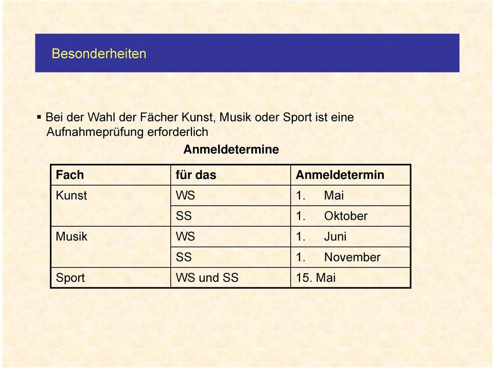 Anmeldetermine Fach Kunst Musik Sport für das WS SS WS