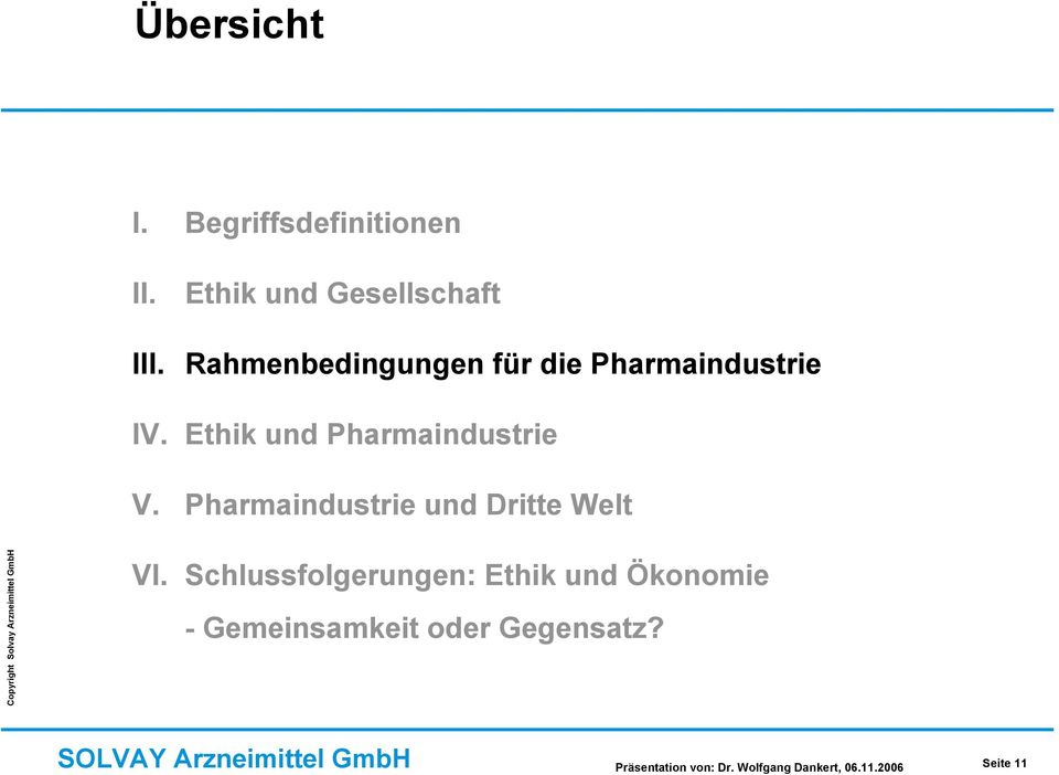 Ethik und Pharmaindustrie V. Pharmaindustrie und Dritte Welt VI.