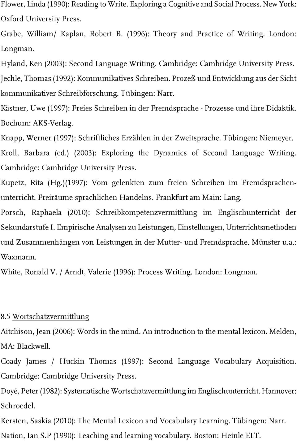 Kästner, Uwe (1997): Freies Schreiben in der Fremdsprache - Prozesse und ihre Didaktik. Bochum: AKS-Verlag. Knapp, Werner (1997): Schriftliches Erzählen in der Zweitsprache. Tübingen: Niemeyer.