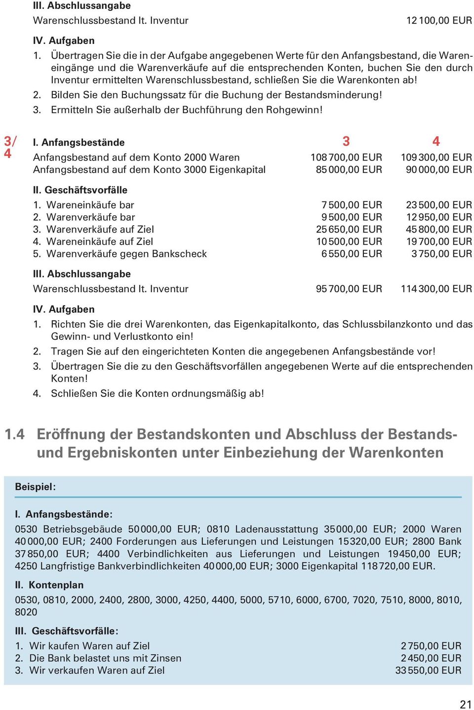 Warenschlussbestand, schließen Sie die Warenkonten ab! 2. Bilden Sie den Buchungssatz für die Buchung der Bestandsminderung! 3. Ermitteln Sie außerhalb der Buchführung den Rohgewinn! 3/ 4 I.