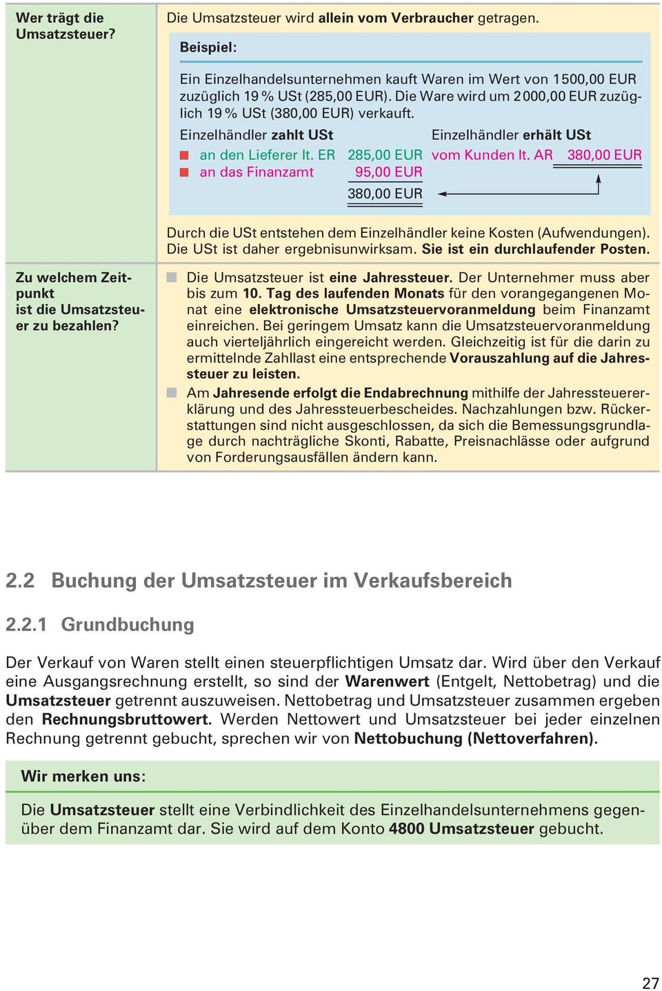 AR 380,00 EUR y an das Finanzamt 95,00 EUR 380,00 EUR Durch die USt entstehen dem Einzelhändler keine Kosten (Aufwendungen). Die USt ist daher ergebnisunwirksam. Sie ist ein durchlaufender Posten.