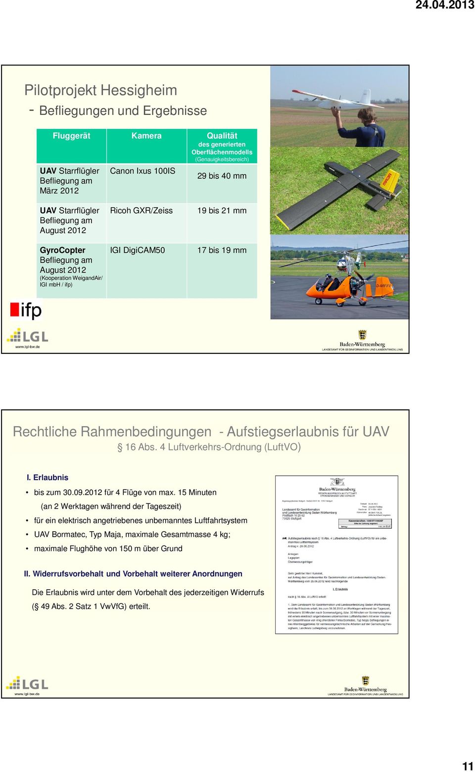 Rahmenbedingungen - Aufstiegserlaubnis für UAV 16 Abs. 4 Luftverkehrs-Ordnung (LuftVO) I. Erlaubnis bis zum 30.09.2012 für 4 Flüge von max.