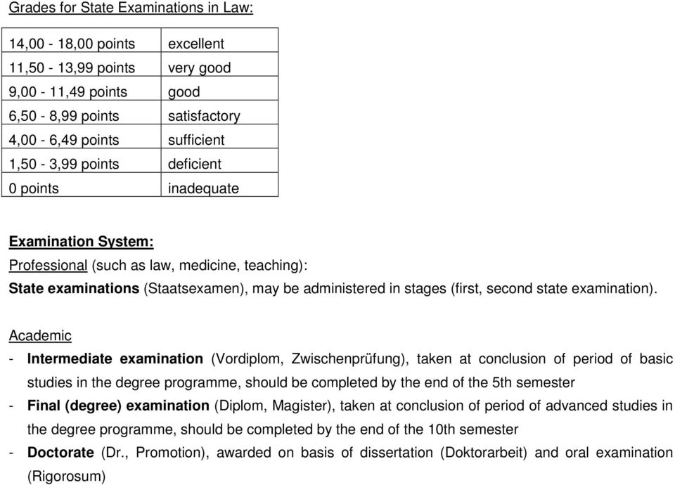Academic - Intermediate examination (Vordiplom, Zwischenprüfung), taken at conclusion of period of basic studies in the degree programme, should be completed by the end of the 5th semester - Final
