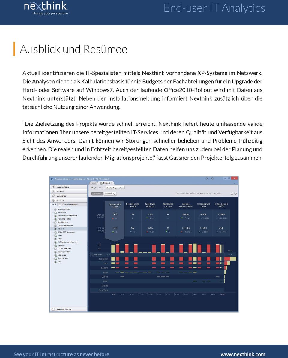 Auch der laufende Office2010-Rollout wird mit Daten aus Nexthink unterstützt. Neben der Installationsmeldung informiert Nexthink zusätzlich über die tatsächliche Nutzung einer Anwendung.