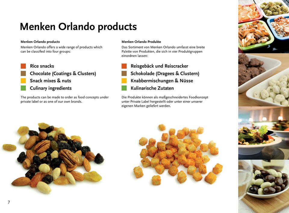 Menken Orlando Produkte Das Sortiment von Menken Orlando umfasst eine breite Palette von Produkten, die sich in vier Produktgruppen einordnen lassen: Reisgebäck und Reiscracker