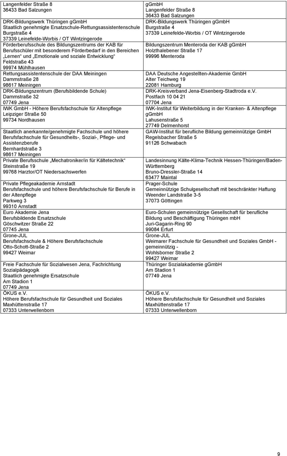 der DAA Meiningen Dammstraße 28 98617 Meiningen DRK-Bildungszentrum (Berufsbildende Schule) Dammstraße 32 IWK GmbH - Höhere Berufsfachschule für Altenpflege Leipziger Straße 50 Staatlich