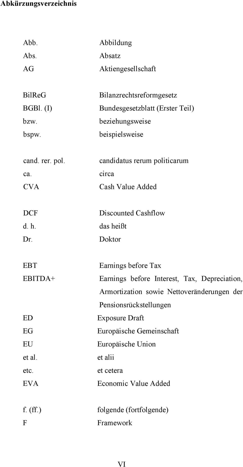 d. rer. pol. ca. CVA candidatus rerum politicarum circa Cash Value Added DCF Discounted Cashflow d. h. das heißt Dr. Doktor EBT EBITDA+ ED EG EU et al. etc.
