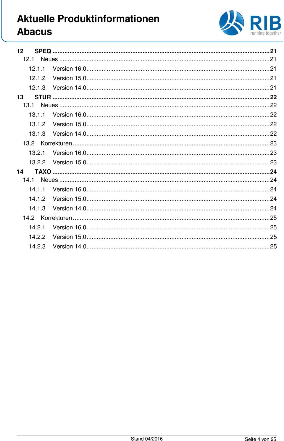 .. 24 14.1 Neues... 24 14.1.1 Version 16.0... 24 14.1.2 Version 15.0... 24 14.1.3 Version 14.0... 24 14.2 Korrekturen... 25 14.2.1 Version 16.0... 25 14.2.2 Version 15.0... 25 14.2.3 Version 14.0... 25 Seite 4 von 25