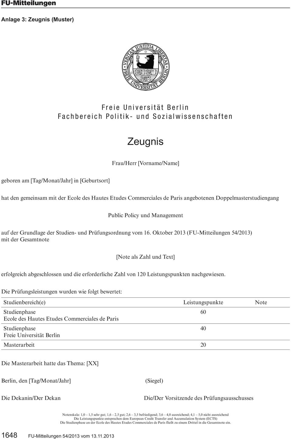 Oktober 2013 (FU-Mitteilungen 54/2013) mit der Gesamtnote [Note als Zahl und Text] erfolgreich abgeschlossen und die erforderliche Zahl von 120 Leistungspunkten nachgewiesen.