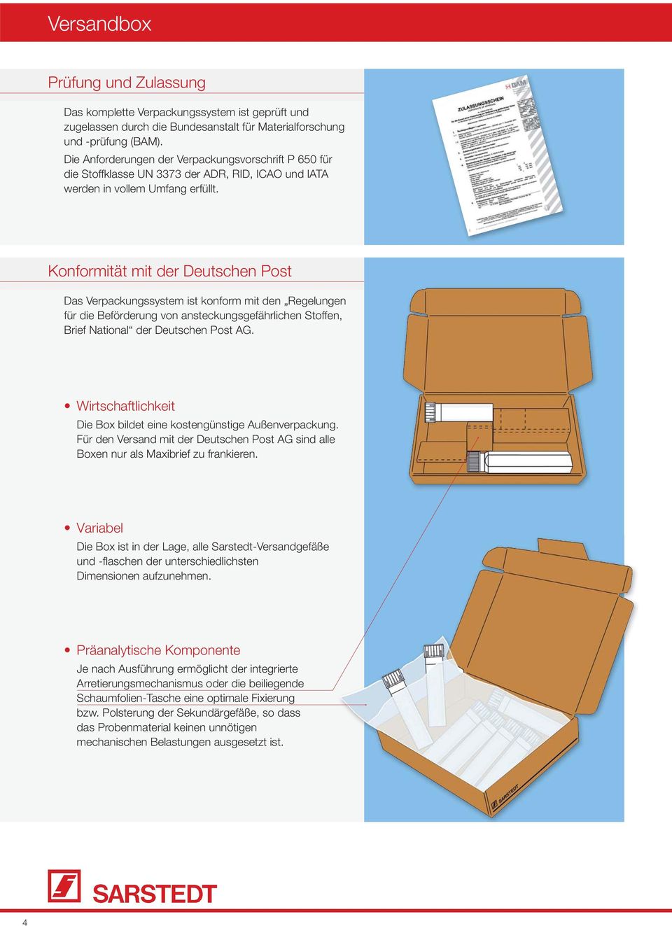 Konformität mit der Deutschen Post Das Verpackungssystem ist konform mit den Regelungen für die Beförderung von ansteckungsgefährlichen Stoffen, Brief National der Deutschen Post AG.