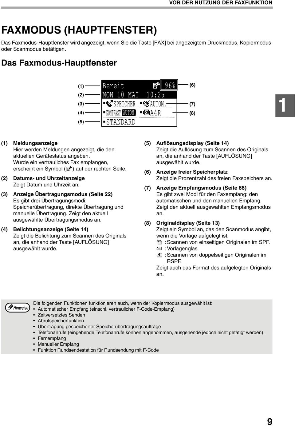 AR STANDARD (6) (7) (8) () Meldungsanzeige Hier werden Meldungen angezeigt, die den aktuellen Gerätestatus angeben.