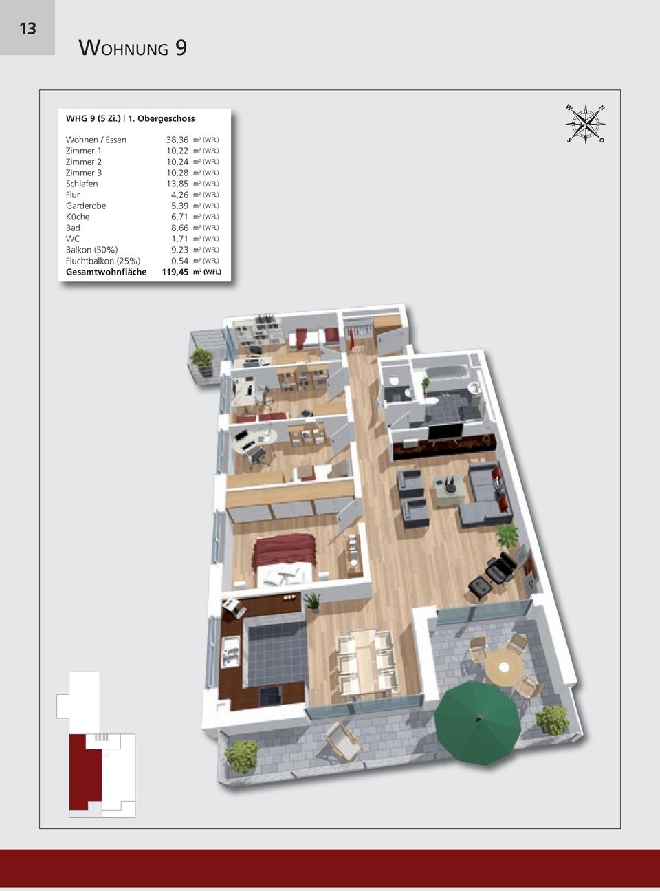 Fluchtbalkon (25%) Gesamtwohnfläche 38,36 m² (WFL) 10,22 m² (WFL) 10,24 m² (WFL)