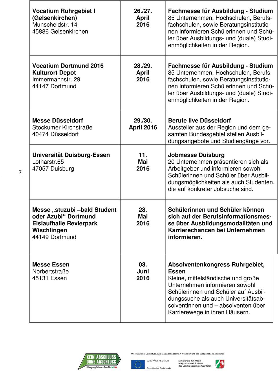 Studienmöglichkeiten in der Region. Vocatium Dortmund Kulturort Depot Immermannstr. 29 44147 Dortmund 28./29.  Studienmöglichkeiten in der Region.