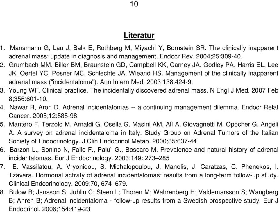 Management of the clinically inapparent adrenal mass ("incidentaloma"). Ann Intern Med. 2003;138:424-9. 3. Young WF. Clinical practice. The incidentally discovered adrenal mass. N Engl J Med.