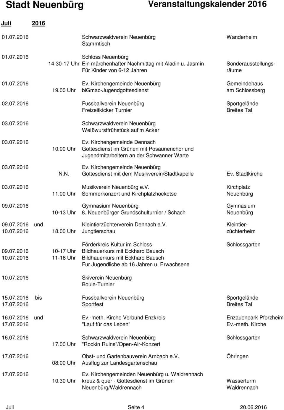 07.2016 Schwarzwaldverein Neuenbürg Weißwurstfrühstück auf'm Acker 03.07.2016 Ev. Kirchengemeinde Dennach 10.