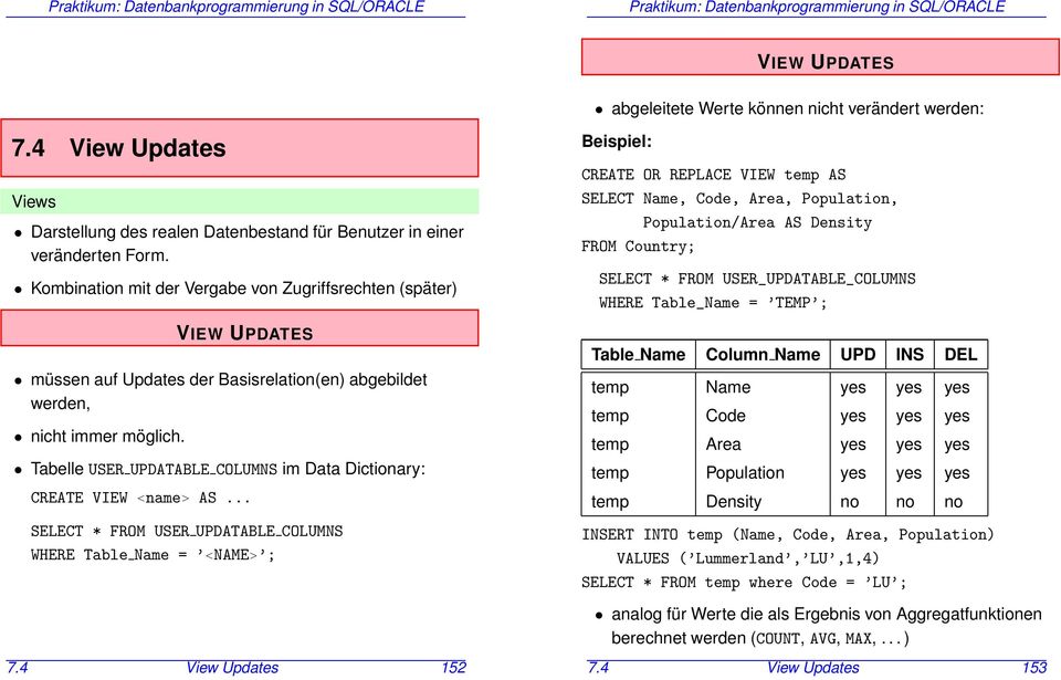 Tabelle USER UPDATABLE COLUMNS im Data Dictionary: CREATE VIEW <name> AS.