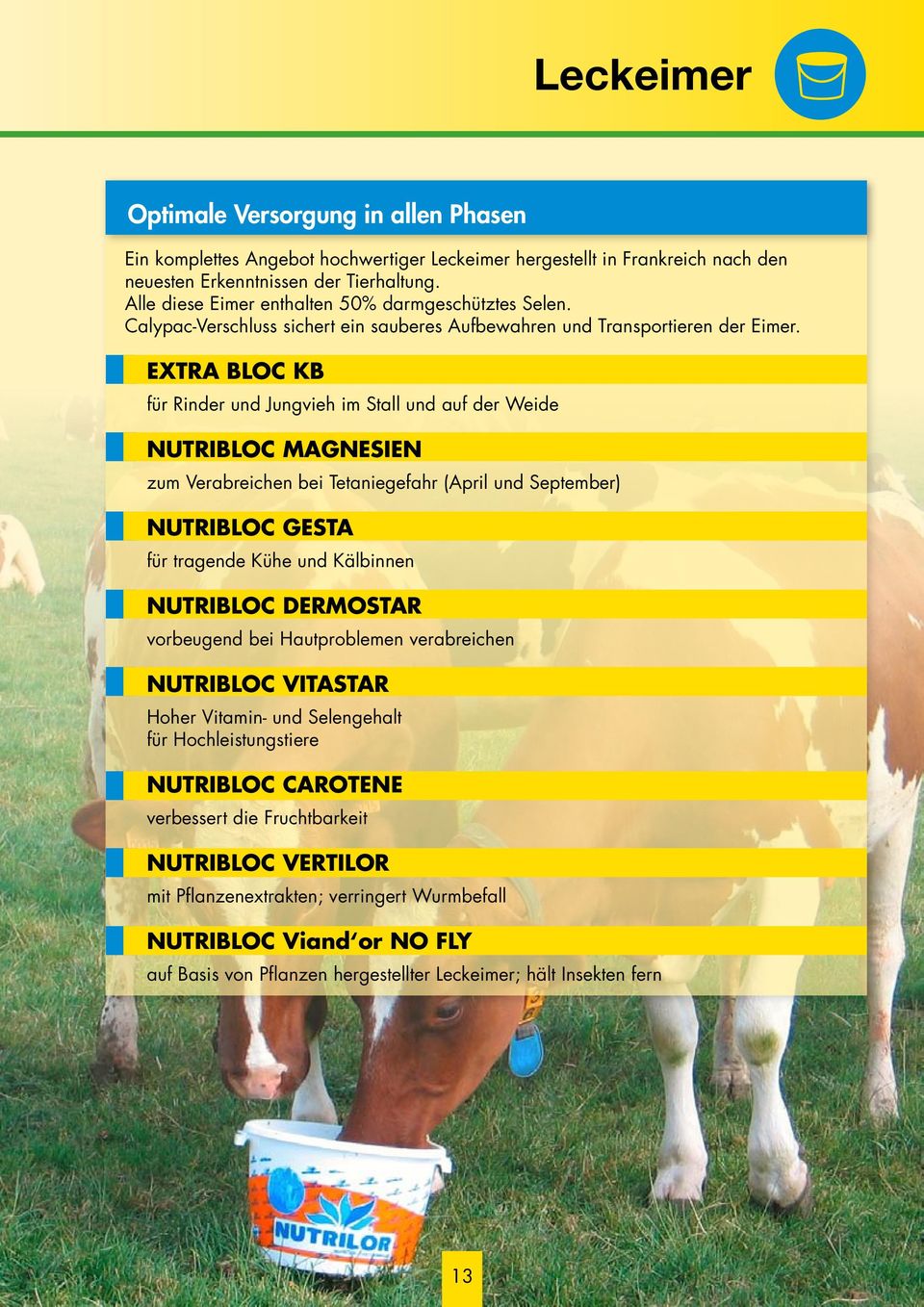 EXTRA BLOC KB für Rinder und Jungvieh im Stall und auf der Weide NUTRIBLOC MAGNESIEN zum Verabreichen bei Tetaniegefahr (April und September) NUTRIBLOC GESTA für tragende Kühe und Kälbinnen NUTRIBLOC