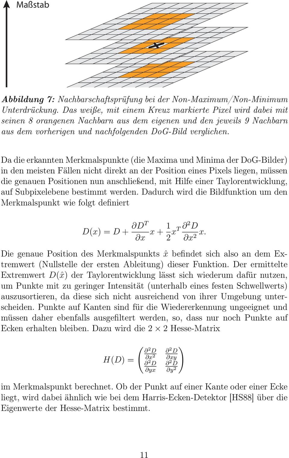 Da die erkannten Merkmalspunkte (die Maxima und Minima der DoG-Bilder) in den meisten Fällen nicht direkt an der Position eines Pixels liegen, müssen die genauen Positionen nun anschließend, mit