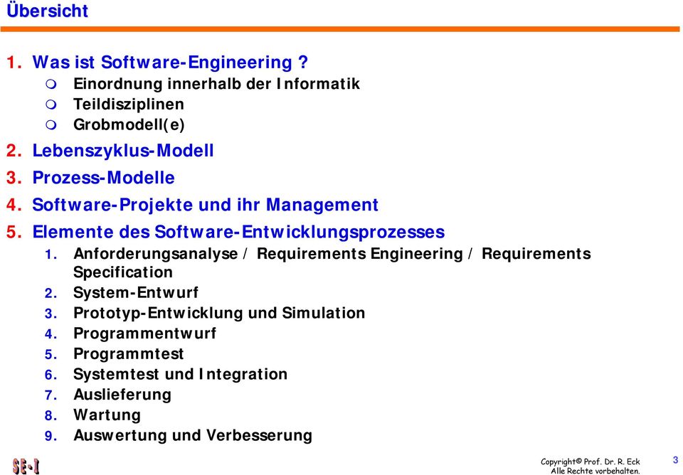 Elemente des Software-Entwicklungsprozesses 1. Anforderungsanalyse / Requirements Engineering / Requirements Specification 2.
