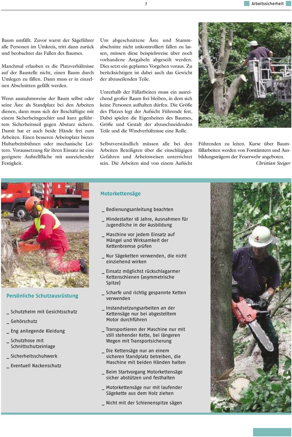 Wenn ausnahmsweise der Baum selbst oder seine Äste als Standplatz bei den Arbeiten dienen, dann muss sich der Beschäftigte mit einem Sicherheitsgeschirr und kurz geführtem Sicherheitsseil gegen