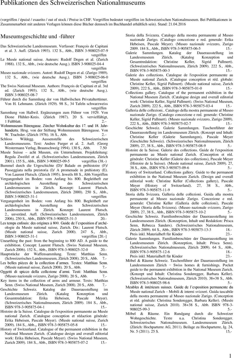 Verfasser: François de Capitani et al. 3. Aufl. (Zürich 1993). 132 S., Abb., ISBN 3-908025-07-9 Le Musée national suisse. Auteurs: Rudolf Degen et al. (Zurich 1988). 132 S., Abb., (wie deutsche Ausg.