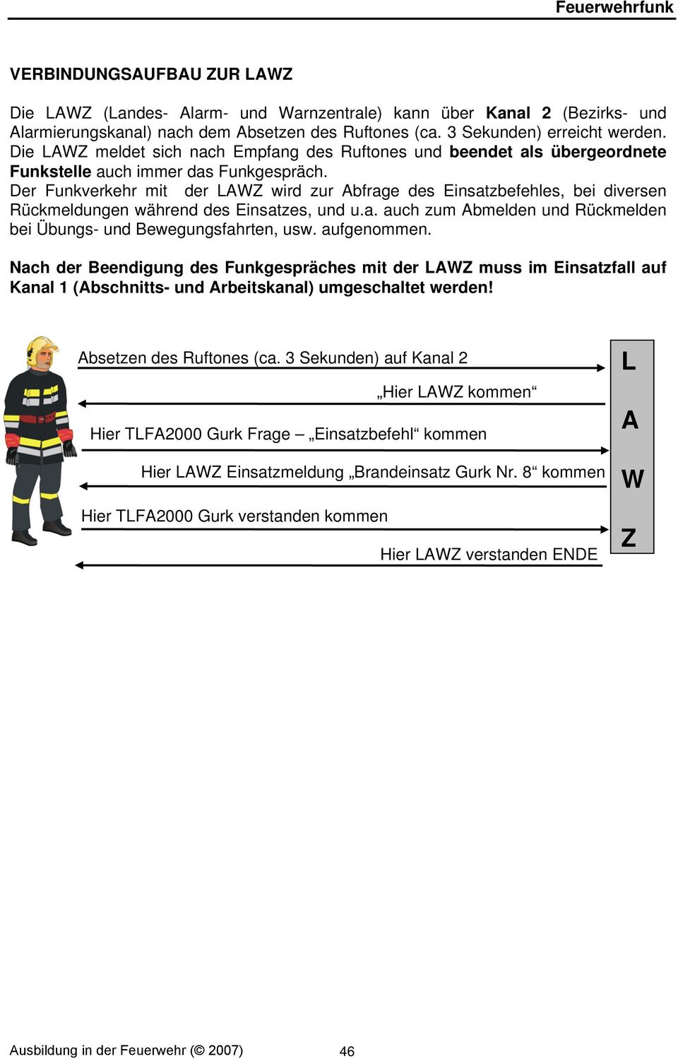 Der Funkverkehr mit der LAWZ wird zur Abfrage des Einsatzbefehles, bei diversen Rückmeldungen während des Einsatzes, und u.a. auch zum Abmelden und Rückmelden bei Übungs- und Bewegungsfahrten, usw.