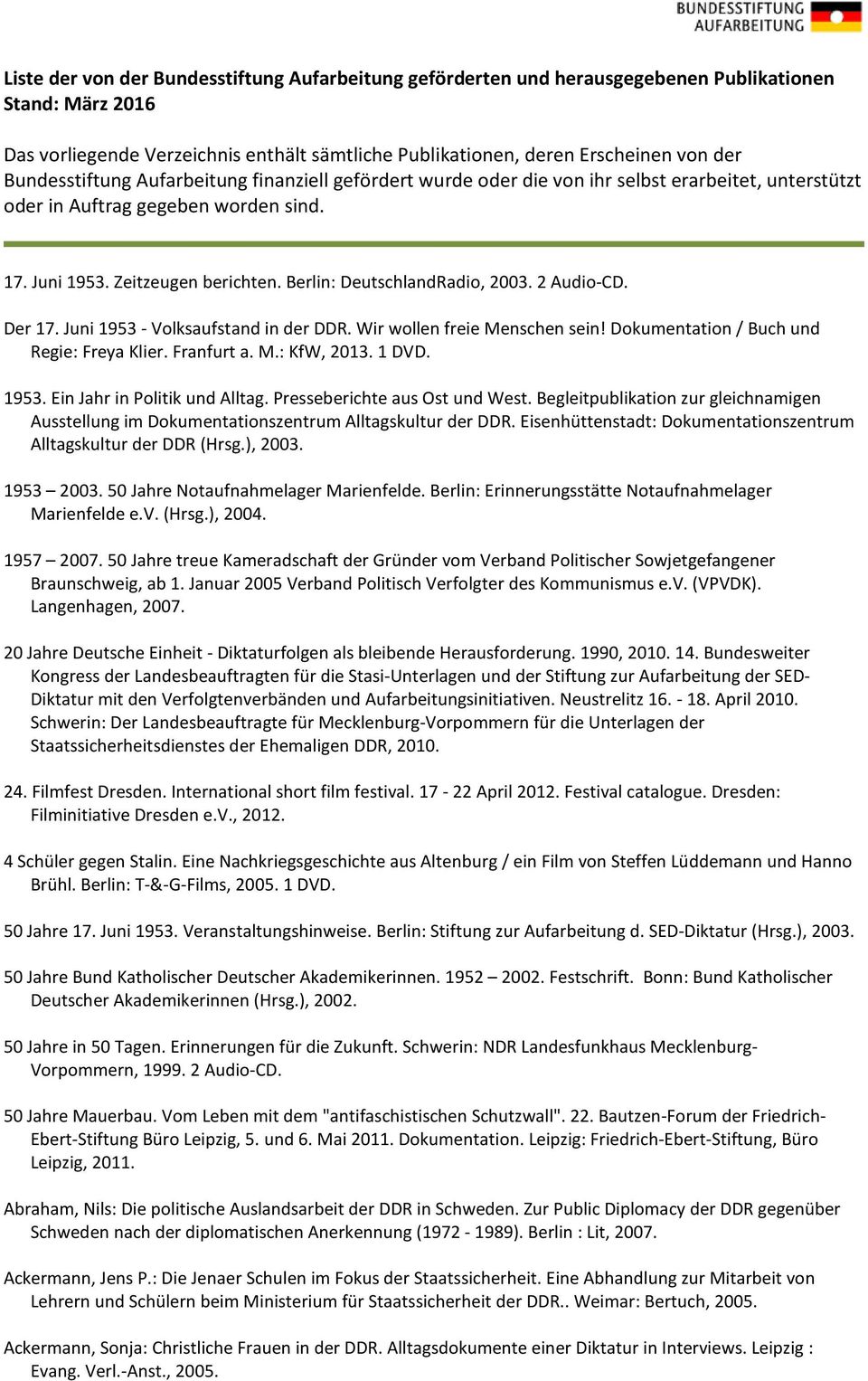 Berlin: DeutschlandRadio, 2003. 2 Audio-CD. Der 17. Juni 1953 - Volksaufstand in der DDR. Wir wollen freie Menschen sein! Dokumentation / Buch und Regie: Freya Klier. Franfurt a. M.: KfW, 2013. 1 DVD.