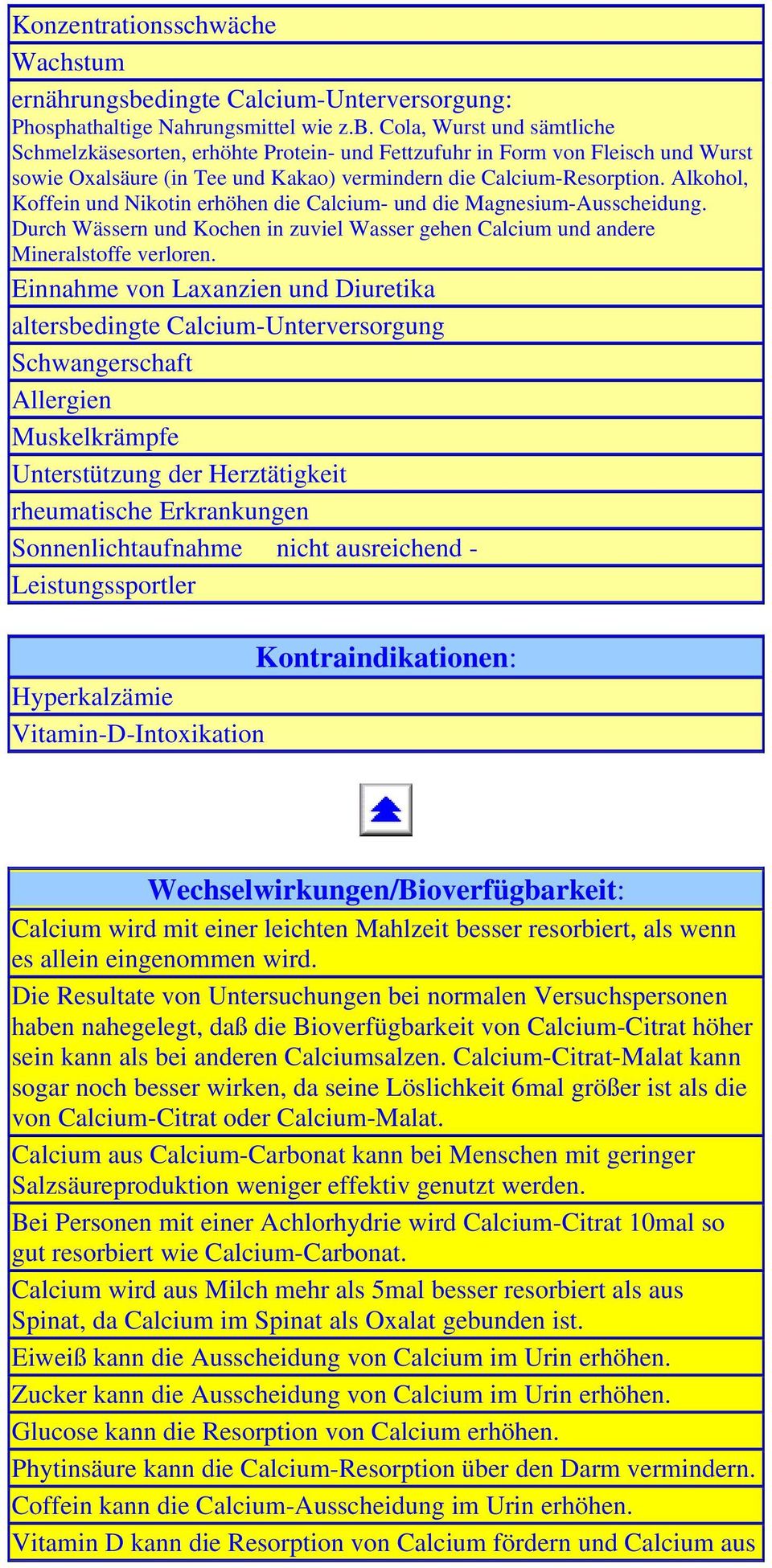 Cola, Wurst und sämtliche Schmelzkäsesorten, erhöhte Protein- und Fettzufuhr in Form von Fleisch und Wurst sowie Oxalsäure (in Tee und Kakao) vermindern die Calcium-Resorption.