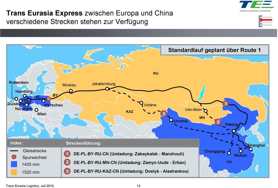 Peking Index: Gleisstrecke Spurwechsel 1435 mm Streckenführung: 1 DE-PL-BY-RU-CN (Umladung: Zabaykalsk - Manzhouli) 2