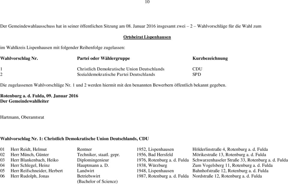 2 Sozialdemokratische Partei Deutschlands SPD Die zugelassenen Wahlvorschläge Nr. 1 und 2 werden hiermit mit den benannten Bewerbern öffentlich bekannt gegeben. Wahlvorschlag Nr.