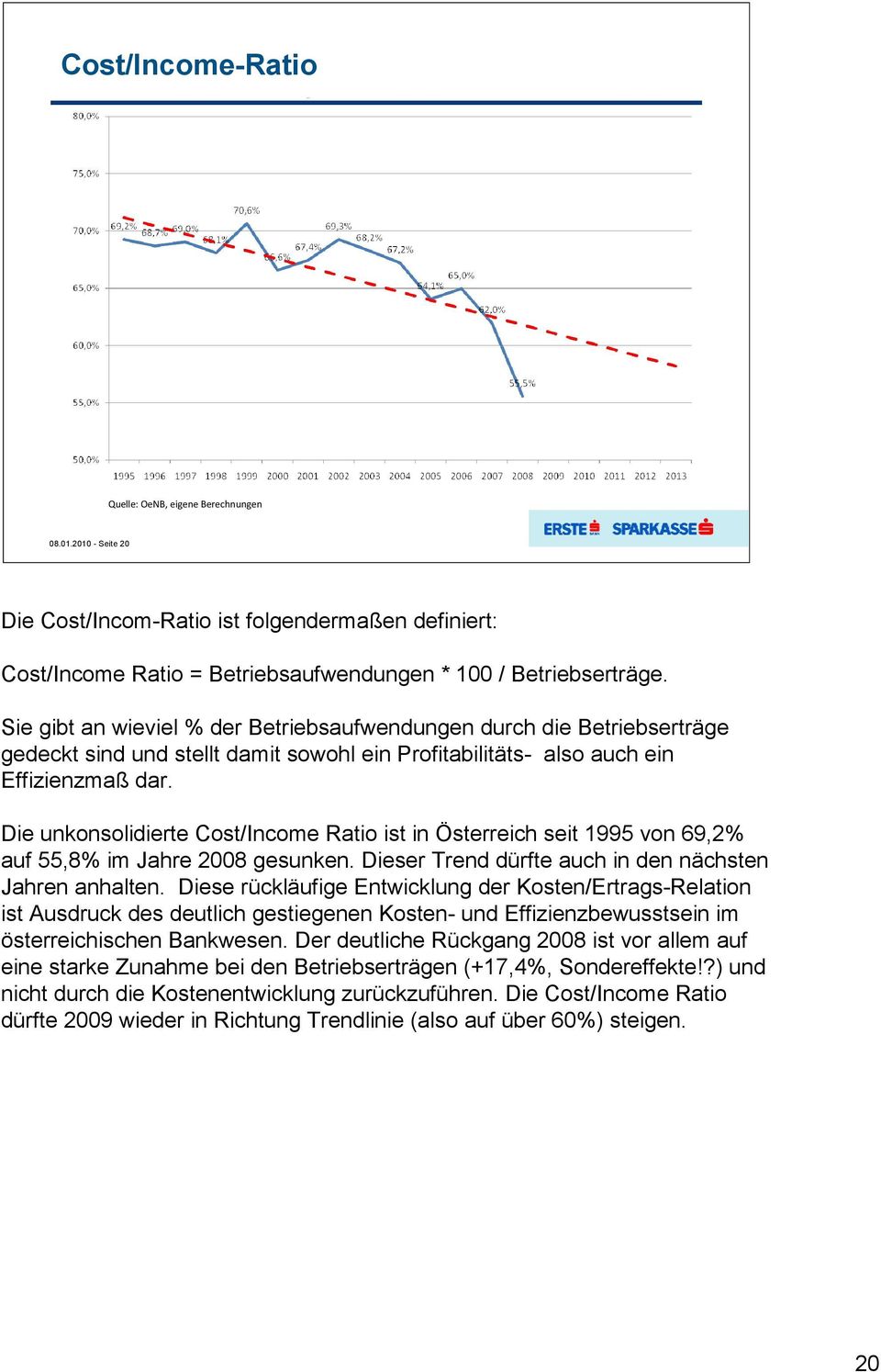 Die unkonsolidierte Cost/Income Ratio ist in Österreich seit 1995 von 69,2% auf 55,8% im Jahre 2008 gesunken. Dieser Trend dürfte auch in den nächsten Jahren anhalten.