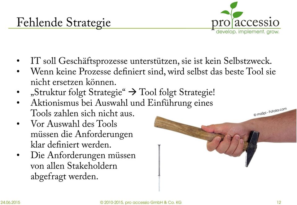 Struktur folgt Strategie Tool folgt Strategie! Aktionismus bei Auswahl und Einführung eines Tools zahlen sich nicht aus.