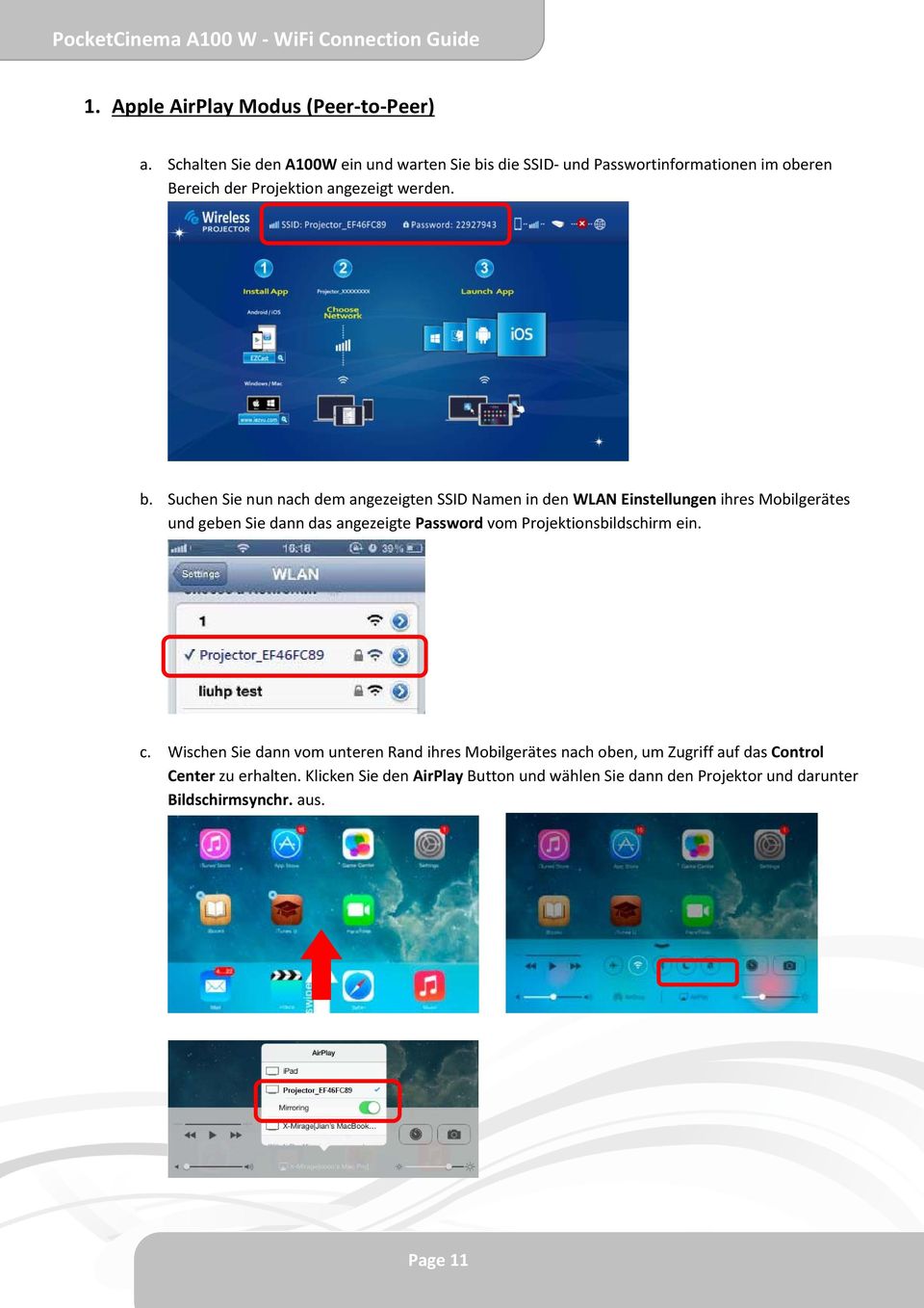 s die SSID und Passwortinformationen im oberen Bereich der Projektion angezeigt werden. b.