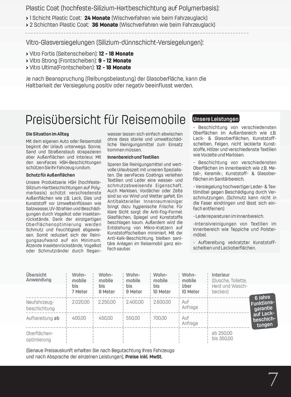 Ultima(Frontscheiben): 12-18 Monate Je nach Beanspruchung (Reibungsbelastung) der Glasoberfläche, kann die Haltbarkeit der Versiegelung positiv oder negativ beeinflusst werden.