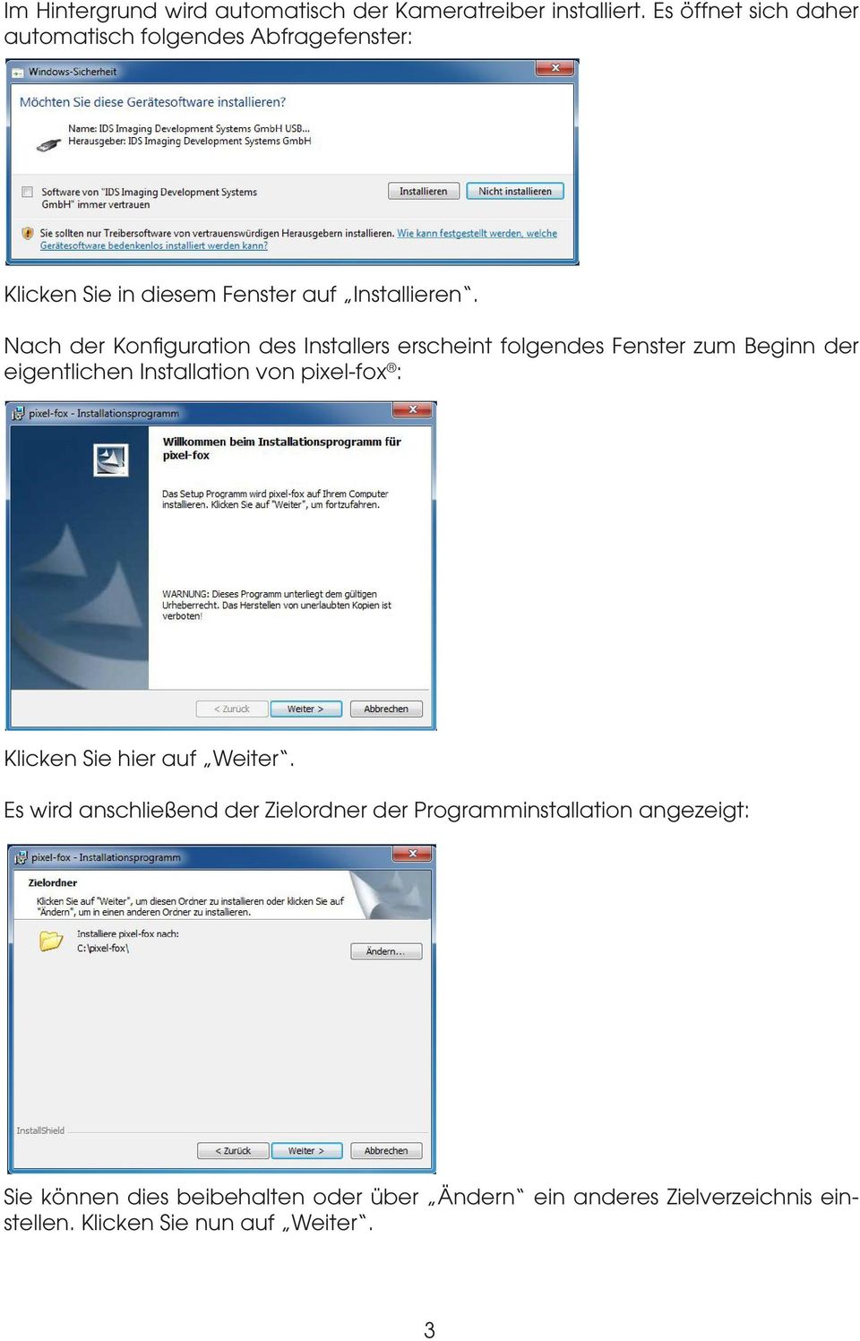 Nach der Konfiguration des Installers erscheint folgendes Fenster zum Beginn der eigentlichen Installation von pixel-fox :