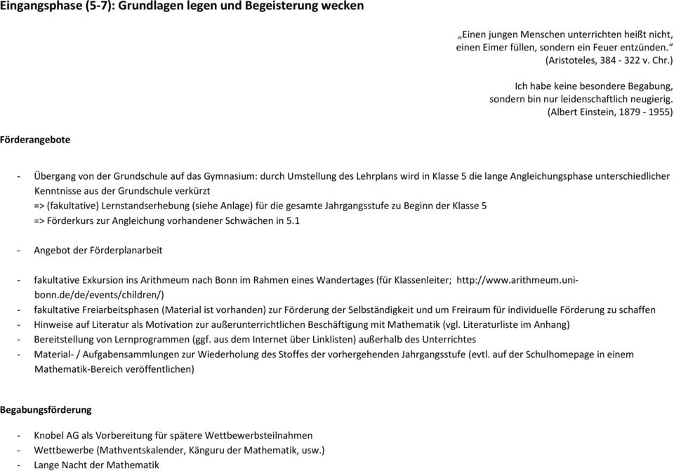 (Albert Einstein, 1879-1955) Förderangebote - Übergang von der Grundschule auf das Gymnasium: durch Umstellung des Lehrplans wird in Klasse 5 die lange Angleichungsphase unterschiedlicher Kenntnisse