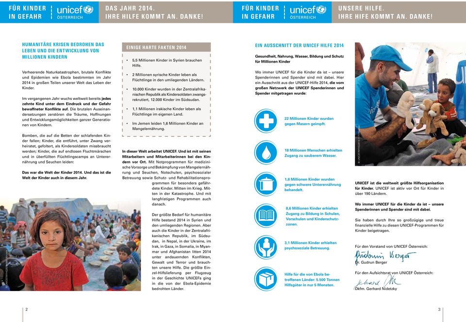 Ein Ausschnitt der UNICEF Hilfe 2014 Gesundheit, Nahrung, Wasser, Bildung und Schutz für Millionen Kinder UNICEF/NYHQ2014-0861/Khuzaie Verheerende Naturkatastrophen, brutale Konflikte und Epidemien
