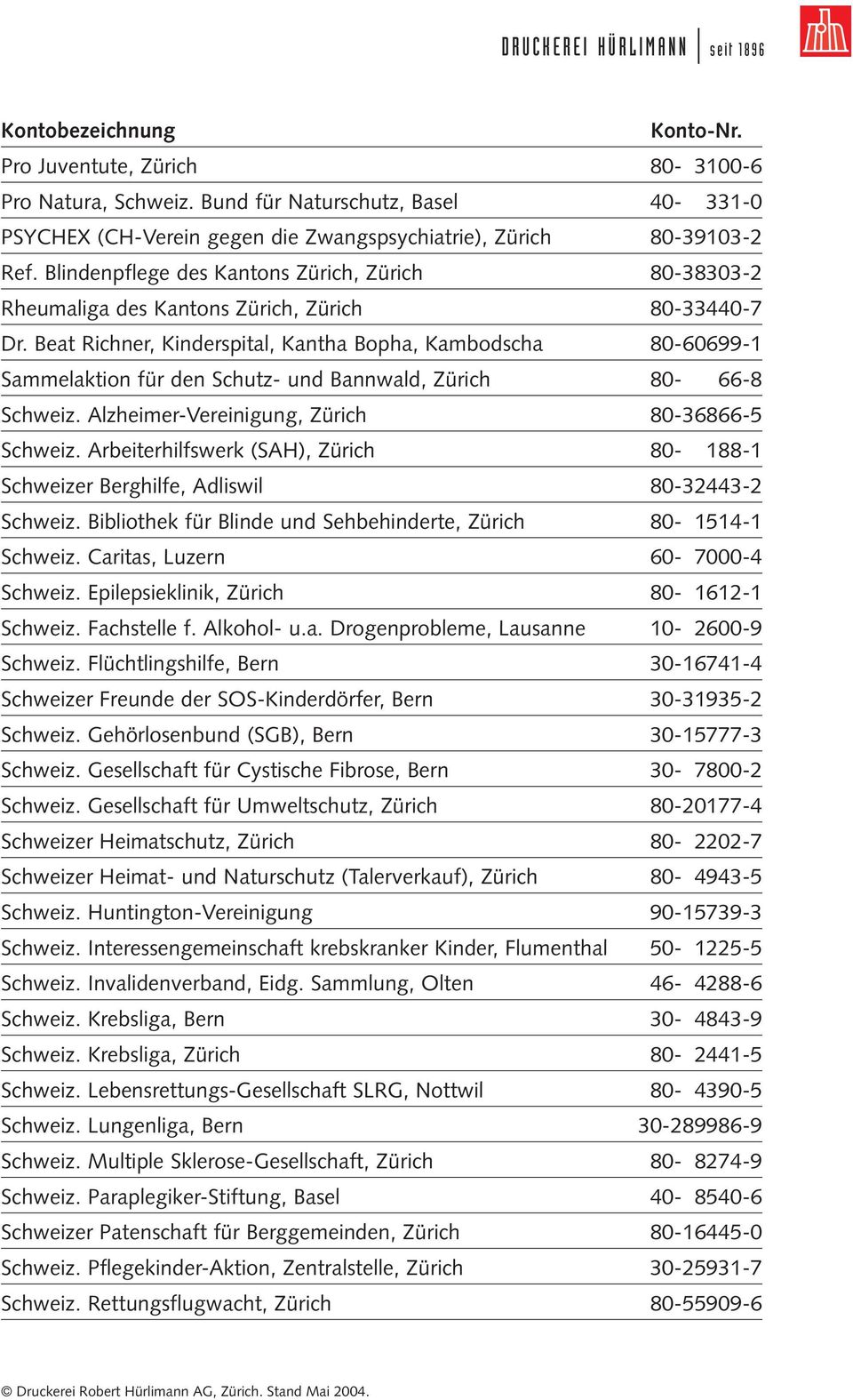 Blindenpflege des Kantons Zürich, Zürich 80-38303-2 Rheumaliga des Kantons Zürich, Zürich 80-33440-7 Dr.