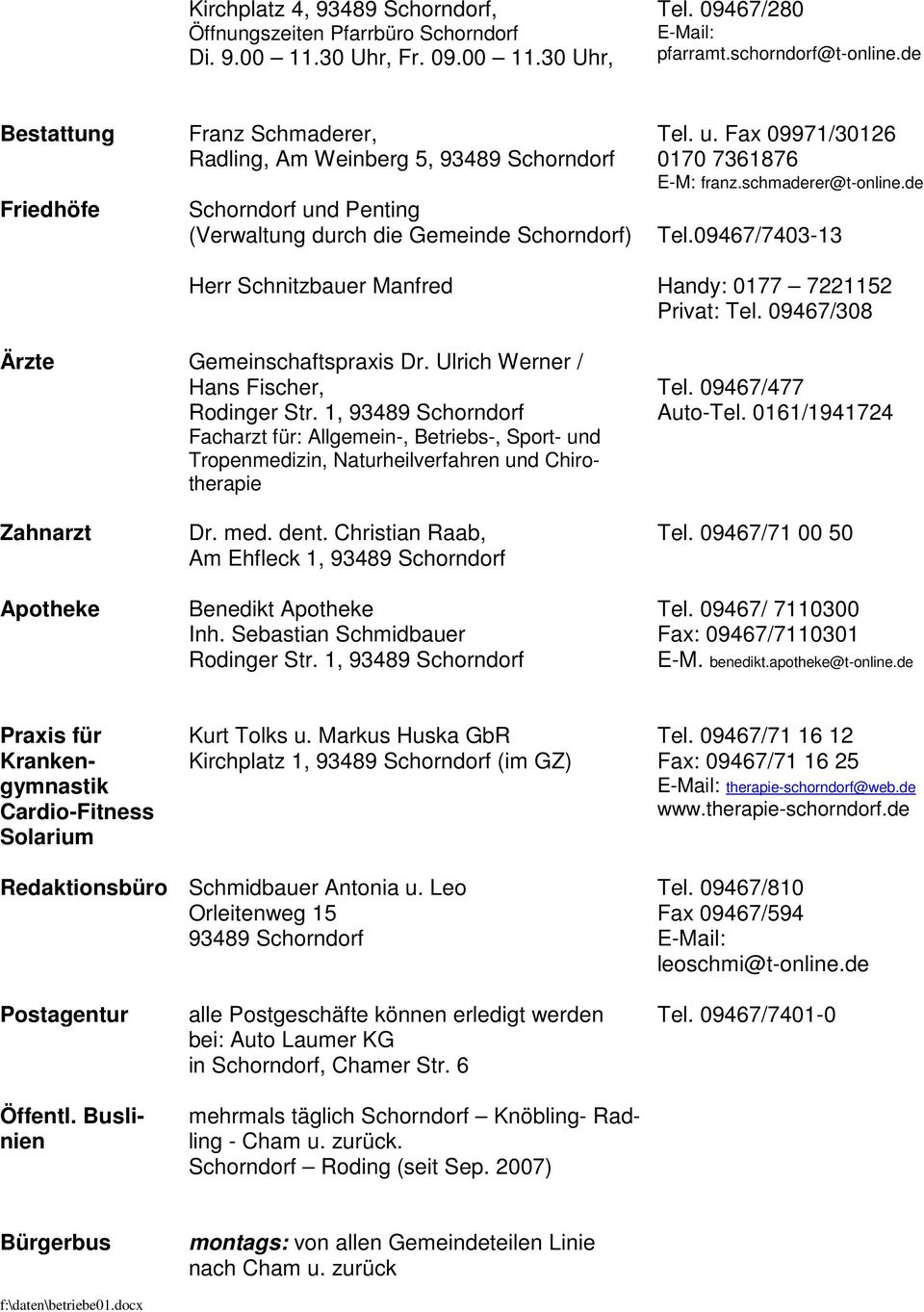 schmaderer@t-online.de Tel.09467/7403-13 Handy: 0177 7221152 Privat: Tel. 09467/308 Ärzte Gemeinschaftspraxis Dr. Ulrich Werner / Hans Fischer, Rodinger Str.