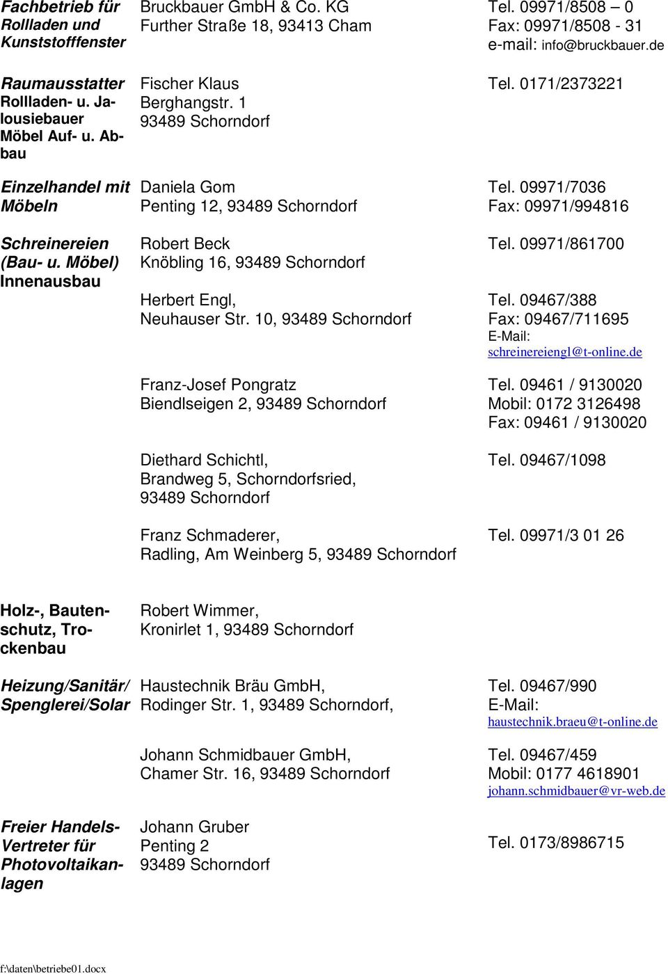 10, Franz-Josef Pongratz Biendlseigen 2, Diethard Schichtl, Brandweg 5, Schorndorfsried, Franz Schmaderer, Radling, Am Weinberg 5, Tel. 09971/8508 0 Fax: 09971/8508-31 e-mail: info@bruckbauer.de Tel.