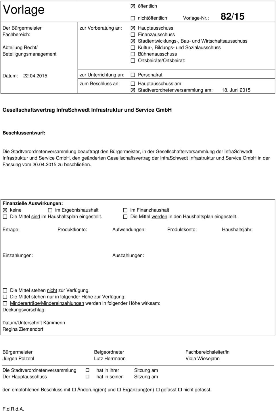 2015 zur Unterrichtung an: Personalrat zum Beschluss an: Hauptausschuss am: Stadtverordnetenversammlung am: 18.