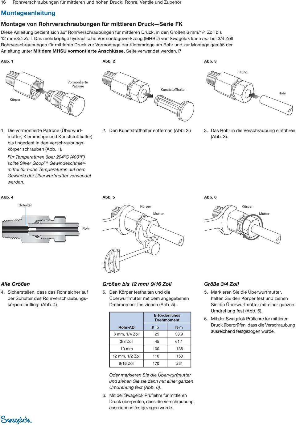 as mehrköpfige hydraulische Vormontagewerkzeug (MHSU) von Swagelok kann nur bei 3/4 Rohrverschraubungen für mittleren ruck zur Vormontage der Klemmringe am Rohr und zur Montage gemäß der nleitung