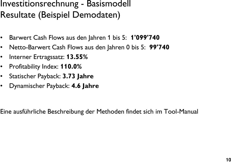 Interner Ertragssatz: 13.55% Profitability Index: 110.0% Statischer Payback: 3.