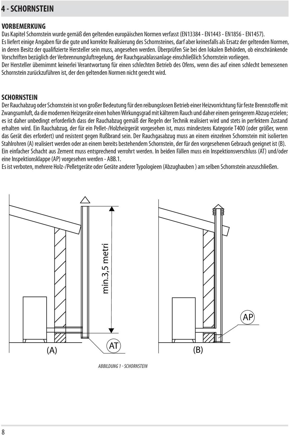 angesehen werden. Überprüfen Sie bei den lokalen Behörden, ob einschränkende Vorschriften bezüglich der Verbrennungsluftregelung, der Rauchgasablassanlage einschließlich Schornstein vorliegen.