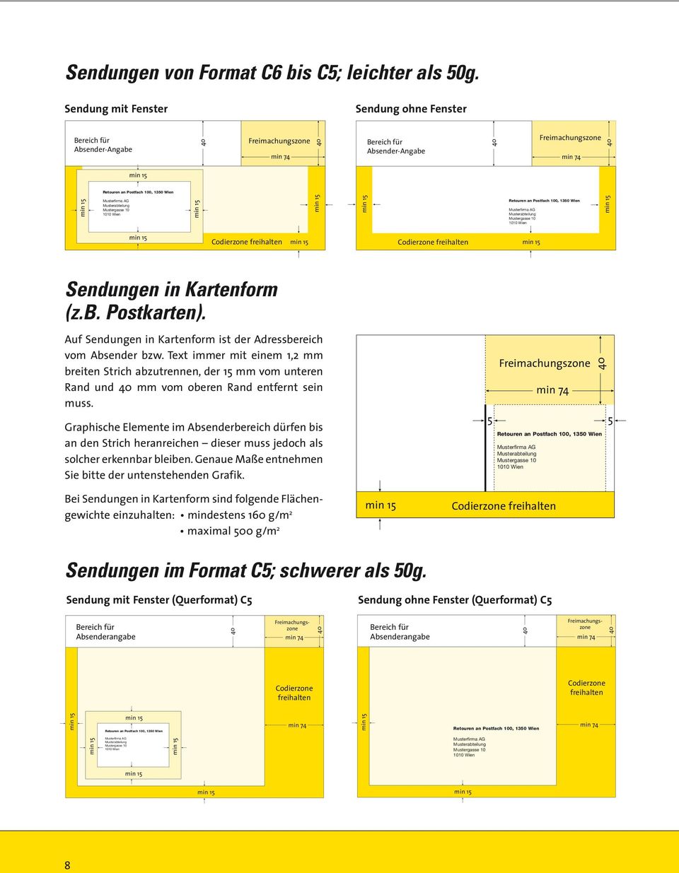 an Postfach 100, 1350 Wien Musterfirma AG Musterabteilung Mustergasse 10 1010 Wien Codierzone freihalten Codierzone freihalten Sendungen in Kartenform (z.b. Postkarten).