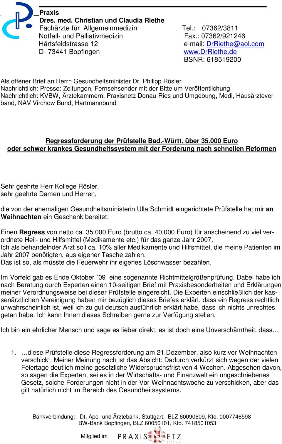 Virchow Bund, Hartmannbund Regressforderung der Prüfstelle Bad.-Württ. über 35.