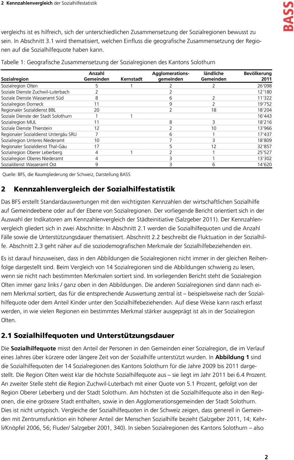 Tabelle 1: Geografische Zusammensetzung der Sozialregionen des Kantons Solothurn Sozialregion Anzahl Gemeinden Kernstadt Agglomerationsgemeinden ländliche Gemeinden Bevölkerung 2011 Sozialregion