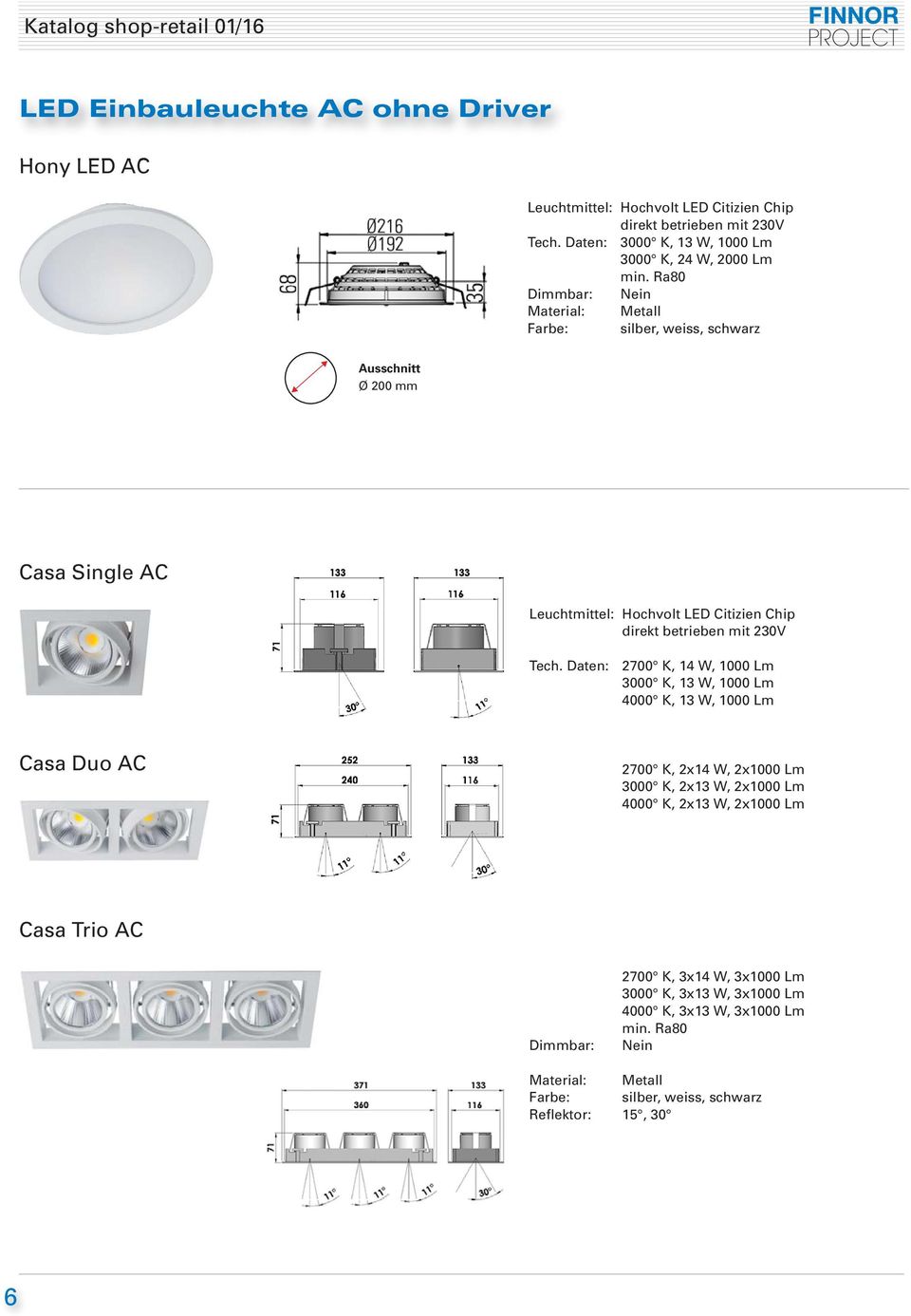Ra80 Ausschnitt Ø 200 mm Casa Single AC Leuchtmittel: Hochvolt LED Citizien Chip direkt betrieben mit 230V Tech.